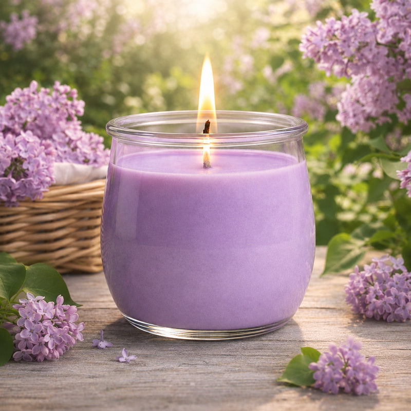 Flieder große Duftkerze aus Kokoswachs im WECK-Tulpenglas von CandleDeko, inmitten blühender Fliederbüsche.