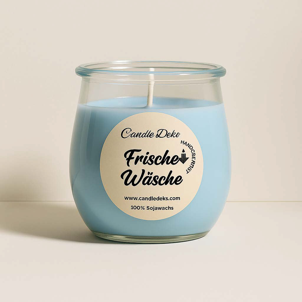 Eine hellblaue Duftkerze im XL-Weckglas von Candle Deko, brennend auf einem hellen Tisch mit weichem Tageslicht. Im Hintergrund eine gefaltete, weiße Textilie – symbolisiert den frischen, sauberen Duft von frisch gewaschener Wäsche. Die Szene vermittelt Ruhe, Ordnung und Reinheit