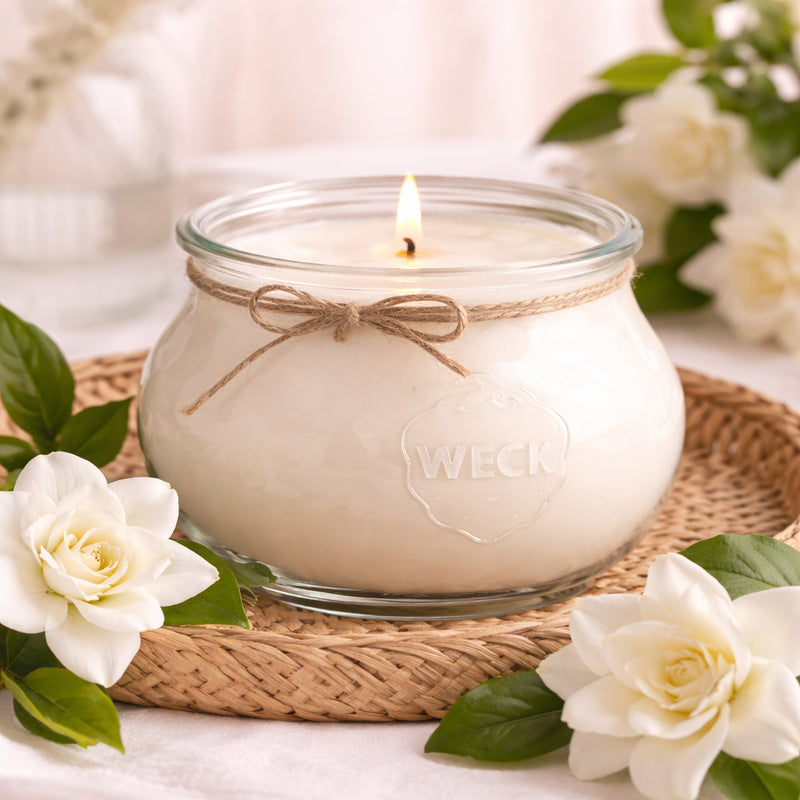 Weiße Duftkerze im WECK-Glas, dekoriert mit Gardenienblüten und Juteband auf Naturuntergrund