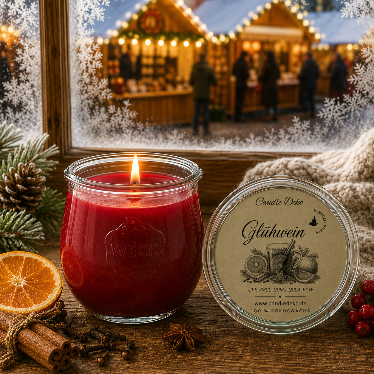 Glühwein Duftkerze aus Kokoswachs im WECK-Tulpenglas mit Glasdeckel und CandleDeko Etikett
