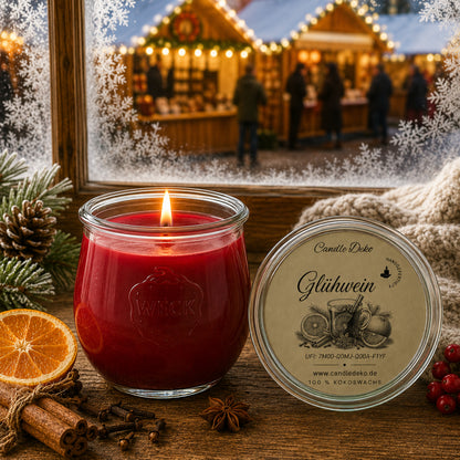 Glühwein Duftkerze aus Kokoswachs im WECK-Tulpenglas mit Glasdeckel und CandleDeko Etikett