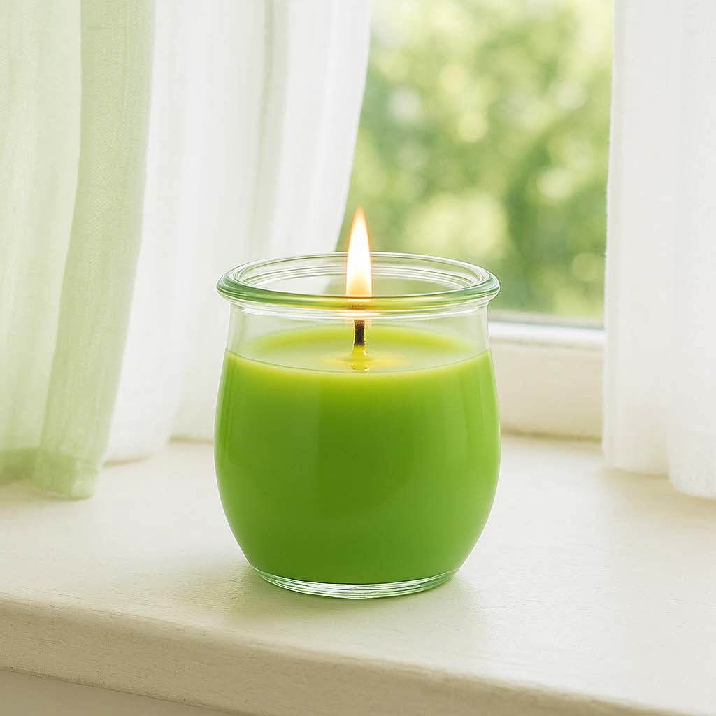 Duftkerze „Grüner Apfel“ brennt auf einer weißen Fensterbank, neben lichtdurchlässigen Vorhängen, mit grünem Garten im Hintergrund – frischer, natürlicher Frühlingsmoment.