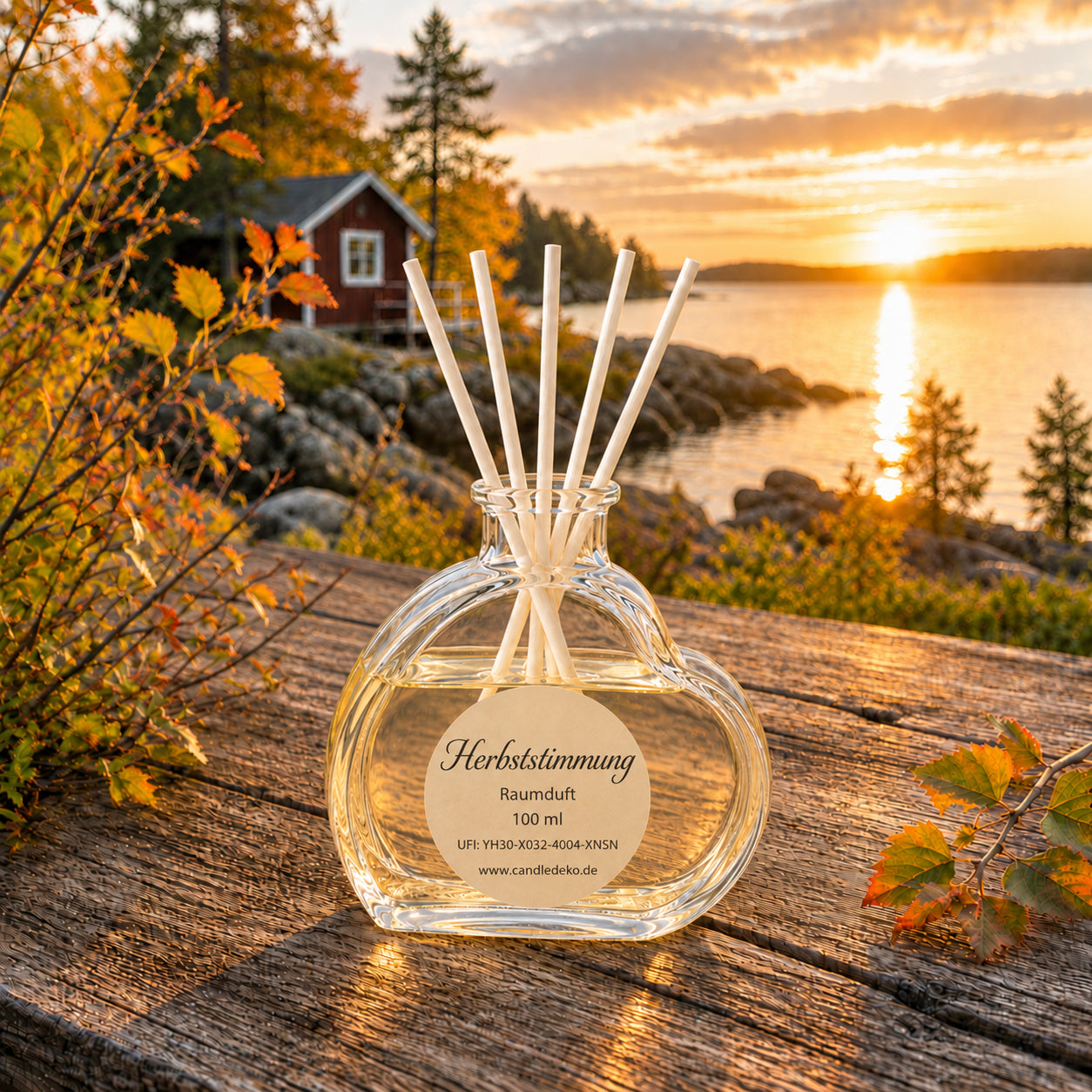 Herbststimmung Raumduft CandleDeko im Herzglas auf einem Tisch vor einem Seee mit Blick auf den See im Herbst.