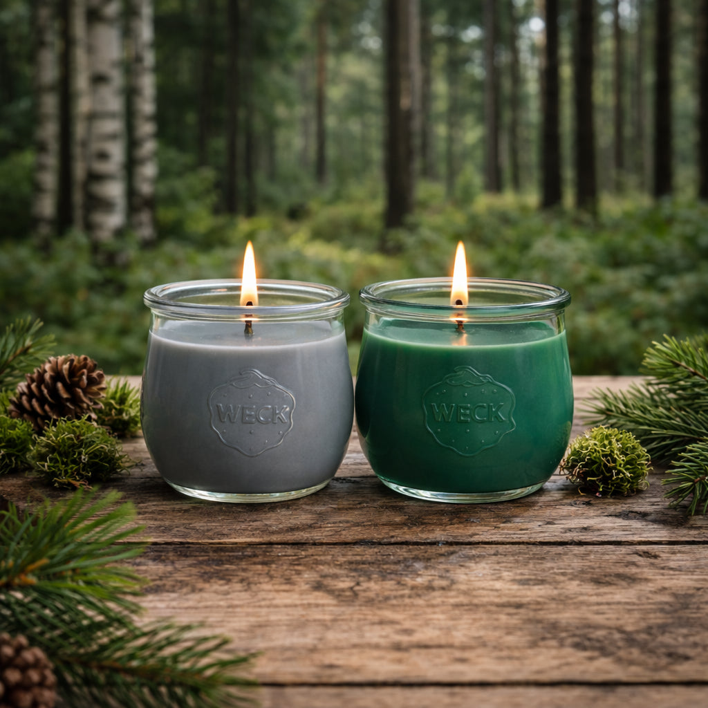Zwei Duftkerzen im WECK-Glas, eine in Grau (Weißbirke), eine in Dunkelgrün (Kiefernwald), stehen nebeneinander auf einem rustikalen Holztisch im Wald. Umgeben von Moos, Tannenzweigen und Zapfen brennen beide Kerzen ruhig, während im Hintergrund unscharf Birken- und Kiefernstämme zu sehen sind. Die Szene wirkt natürlich, ruhig und stimmungsvoll.