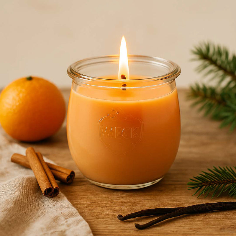 Brennende Duftkerze Hüttenzauber im WECK-Glas mit Zimtstangen, Mandarine, Vanilleschote und Tannenzweig auf Holztisch – stimmungsvolle Winterdeko