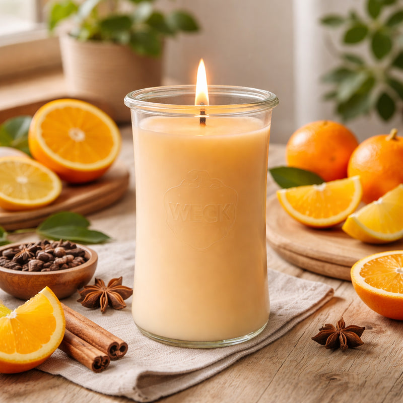 Duftkerze im Weck-Delikatessenglas in orange-gelb, Produktfoto mit Orangenscheiben