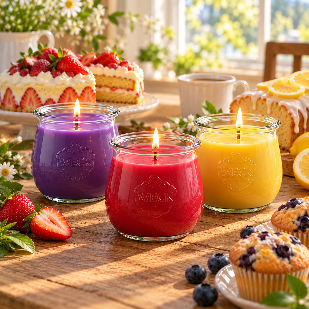 Kaffeepause Duftset mit drei brennenden Duftkerzen im WECK-Glas, umgeben von Erdbeerkuchen, Zitronenkuchen und Blaubeermuffins.