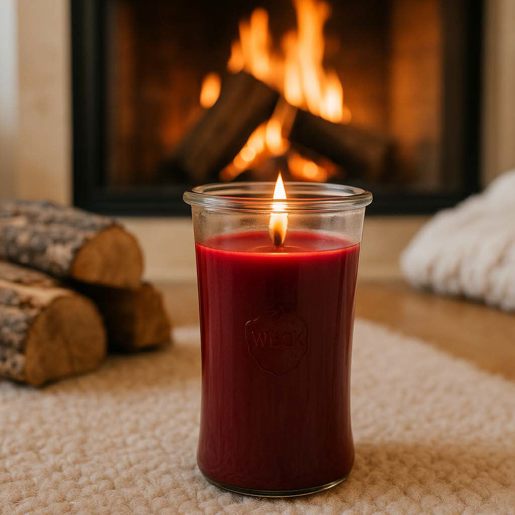 Brennende Duftkerze Kaminfeuer im hohen WECK-Glas auf gestrickter Decke, mit loderndem Kamin und Holzscheiten im Hintergrund – gemütliche, warme Wohnatmosphäre.
