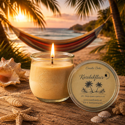 Karibikflair große Duftkerze aus Kokoswachs im WECK-Tulpenglas von CandleDeko, sandfarben und brennend am Strand im Sonnenuntergang.