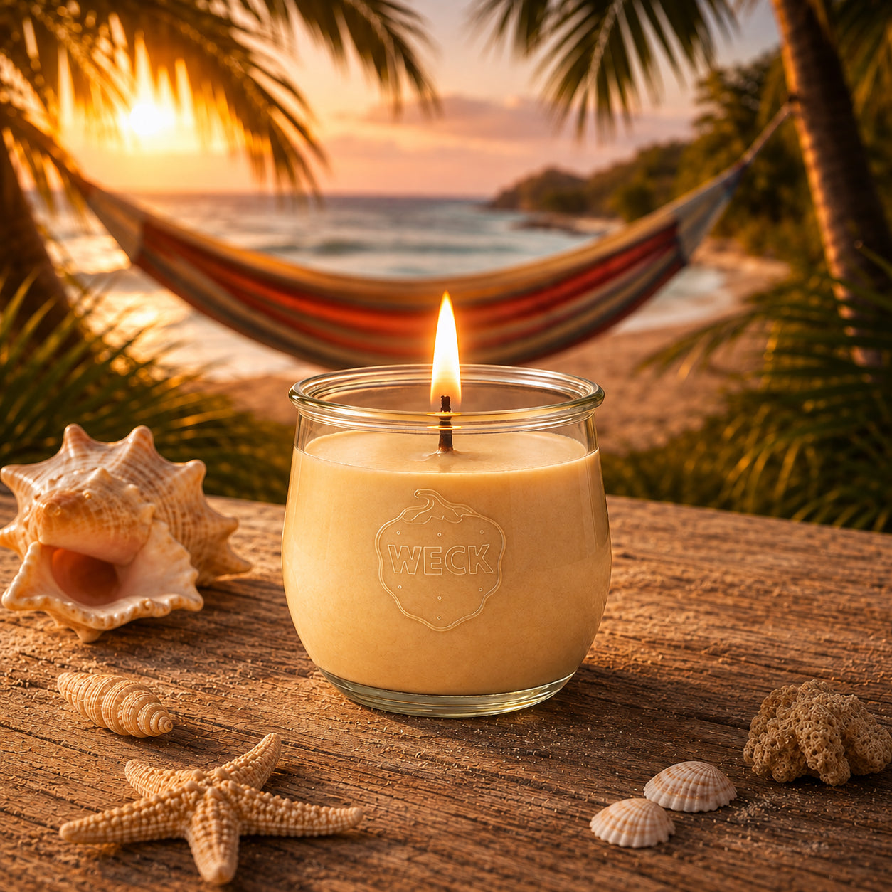 Karibikflair große Duftkerze aus Kokoswachs im WECK-Tulpenglas von CandleDeko, sandfarben und brennend am Strand im Sonnenuntergang.