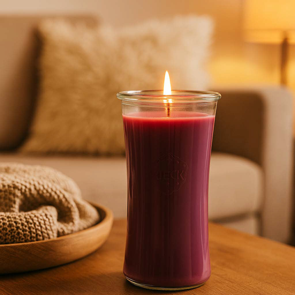 Kaschmirtraum Duftkerze mit flackernder Flamme in gemütlicher, ruhiger Wohnatmosphäre – tiefe Farben, sanftes Licht, wohliges Ambiente.