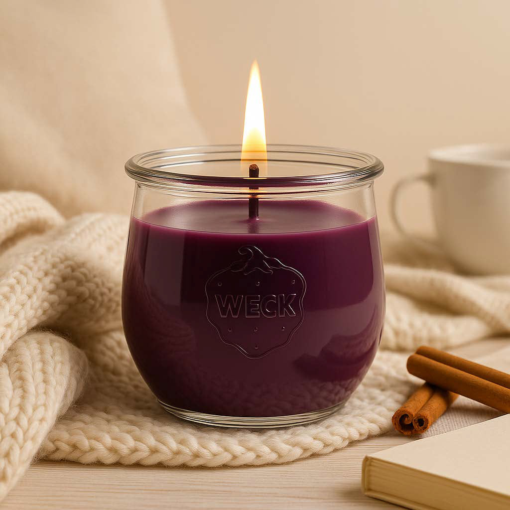 Brennende violette Duftkerze „Kaschmirtraum Klassik“ im WECK-Glas mit Baumwolldocht, neutraler Hintergrund in Beig