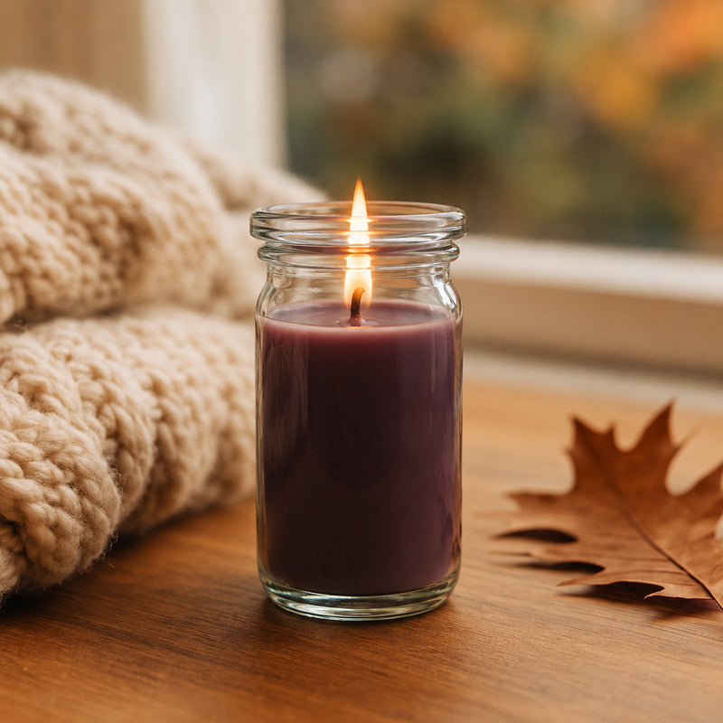 Kaschmirtraum kleine Duftkerze aus Kokoswachs im WECK-Tulpenglas von CandleDeko, neben einem Pullover in Herbtstimmung.