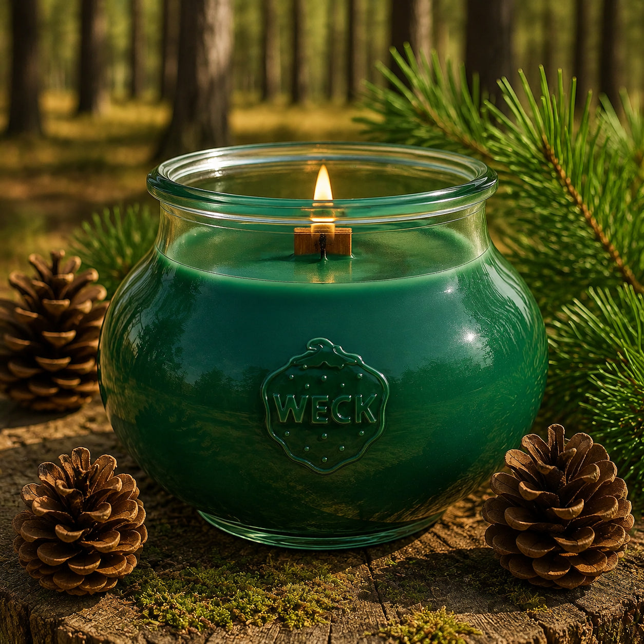 Kiefernwald Duftkerze CandleDeko aus pflanzlichem Sojawachs mit edlem Holzkreuzdocht im WECK-Glas 
