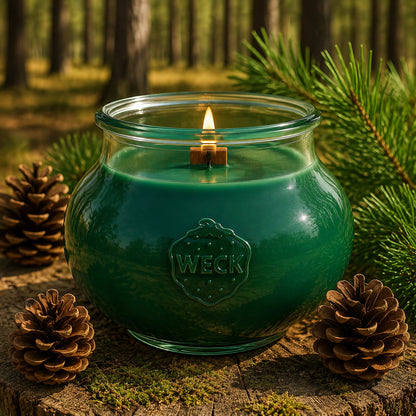 Kiefernwald Duftkerze CandleDeko aus pflanzlichem Sojawachs mit edlem Holzkreuzdocht im WECK-Glas 