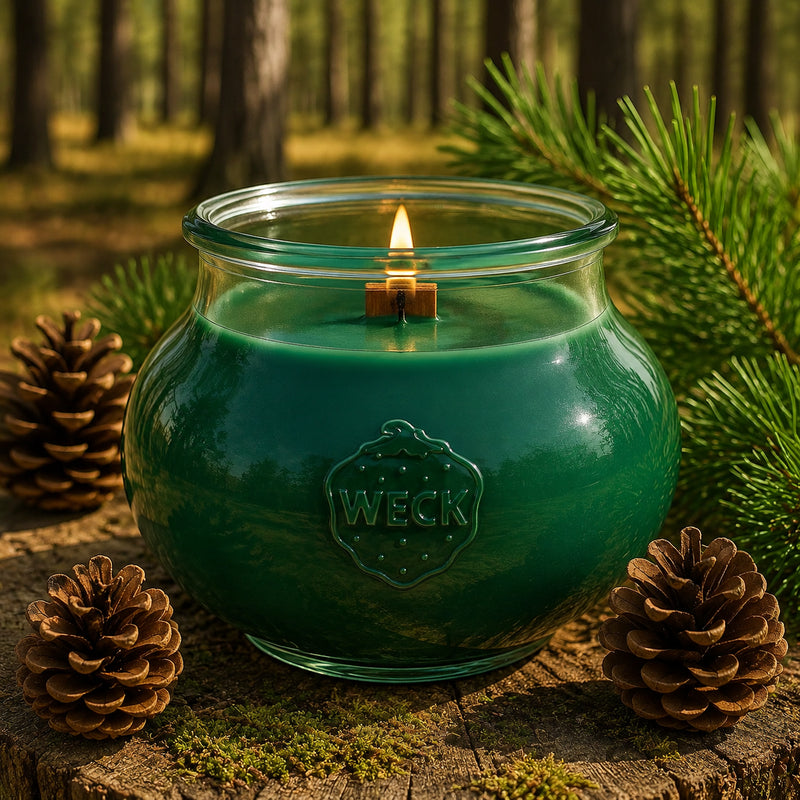 Kiefernwald Duftkerze CandleDeko aus pflanzlichem Sojawachs mit edlem Holzkreuzdocht im WECK-Glas 