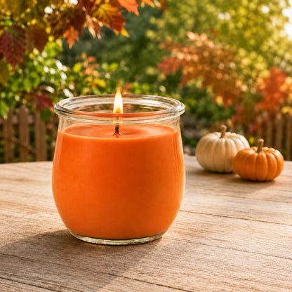 Kürbis und Honig große Duftkerze aus Kokoswachs im WECK-Tulpenglas von CandleDeko, orange und brennend auf Holztisch neben kleinen Kürbissen.