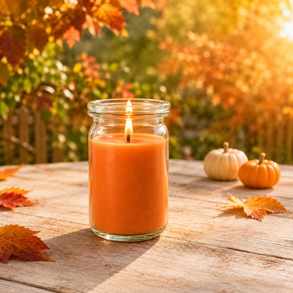 Kürbis und Honig kleine Duftkerze aus Kokoswachs im WECK-Tulpenglas von CandleDeko, orange und brennend auf Holztisch neben kleinen Kürbissen.