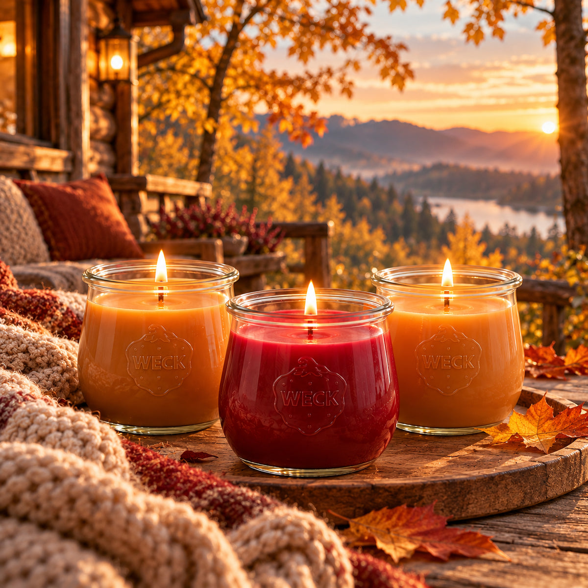 Kuschelabend Duftset mit drei brennenden Duftkerzen im WECK-Glas vor einer herbstlichen Waldhütte mit goldenem Laub.