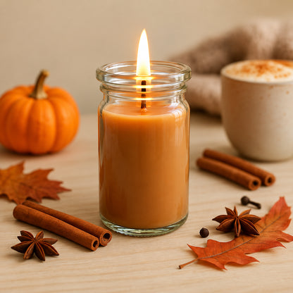 Kuschelzeit kleine Duftkerze aus Kokoswachs im WECK-Tulpenglas von CandleDeko, orange und brennend mit herbstlicher Deko.