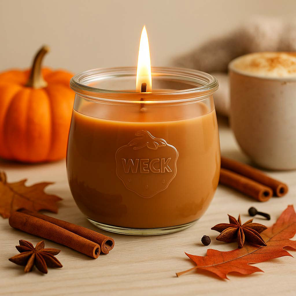 Kuschelzeit große Duftkerze aus Kokoswachs im WECK-Tulpenglas von CandleDeko, orange und brennend mit herbstlicher Deko.