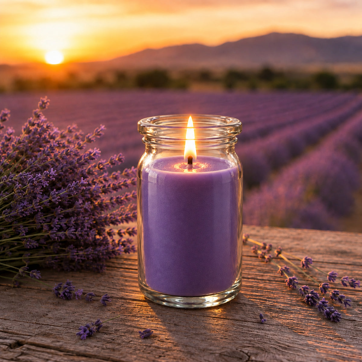 Duftkerze Lavendel klein aus Kokoswachs im WECK-Tulpenglas von CandleDeko, neben Lavendelblüten vor einem Feld.