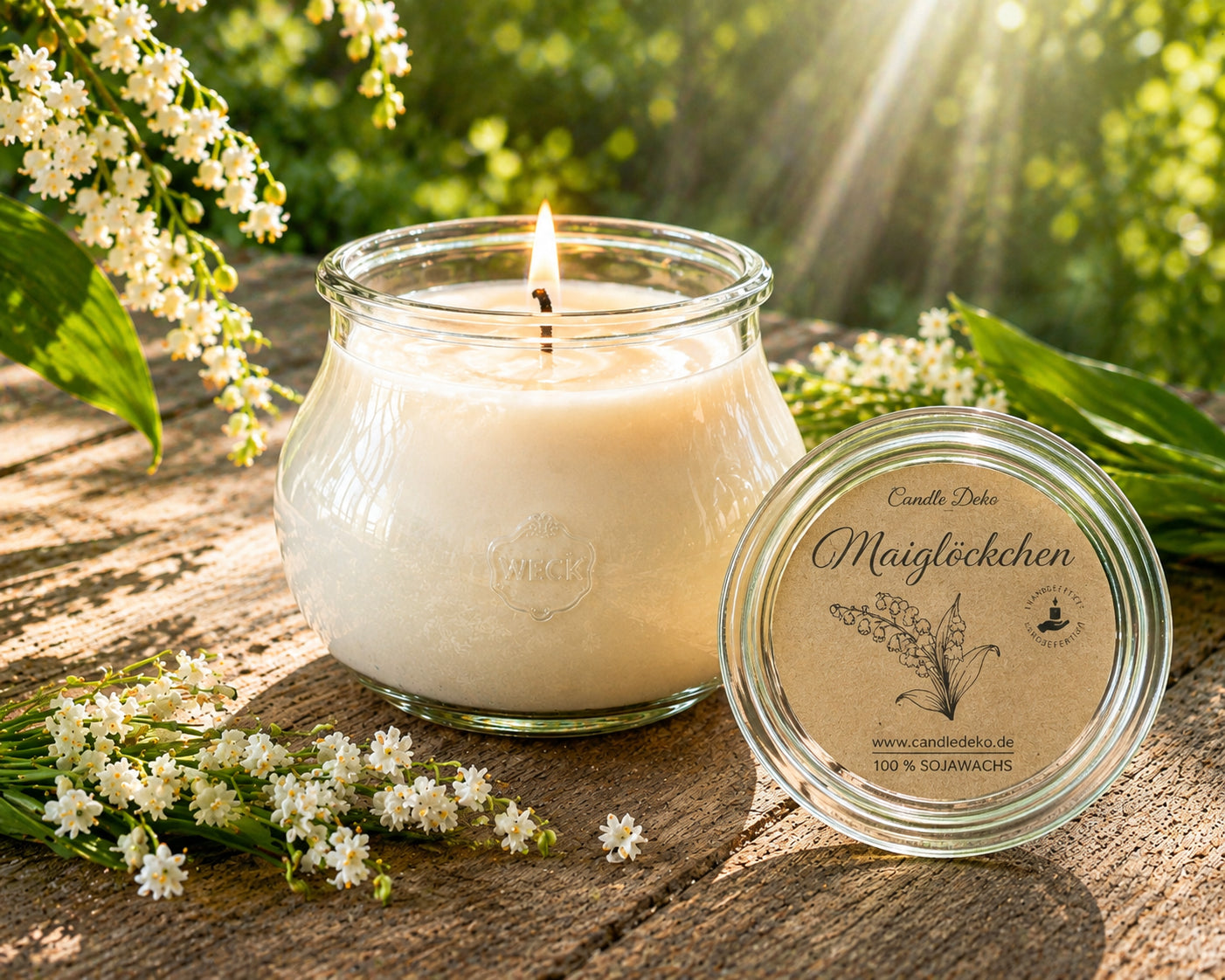 Maiglöckchen Grande Duftkerze mit 140 Std. Brenndauer aus Sojawachs im großen WECK-Glas von CandleDeko, brennend mit Holzkreuzdocht auf Holztisch neben Maiglöckchen.
