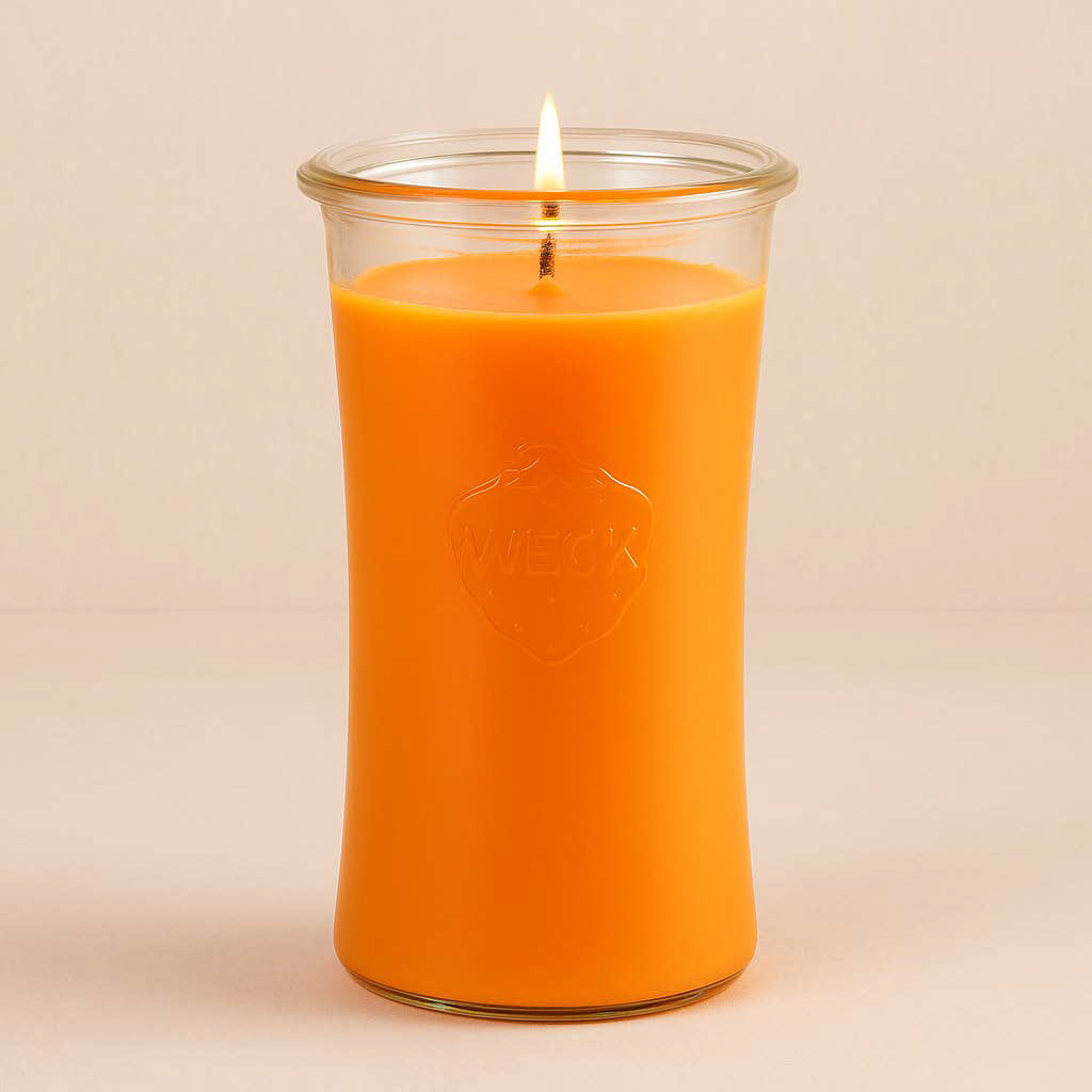 Mandarine-Mango XXL-Duftkerze im Weckglas – apricotfarbene Kerze mit 100 Stunden Brenndauer auf warmem, neutralem Hintergrund.
