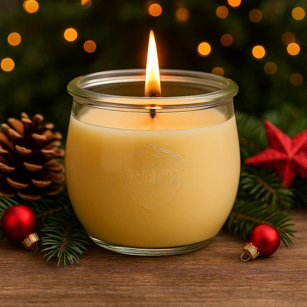 Stimmungsvolles Winterbild der brennenden Marzimandel-Kerze im WECK-Glas, umgeben von Tannenzweigen und kleinen Weihnachtskugeln auf hellem Holztisch – ideal für gemütliche Nachmittage.
