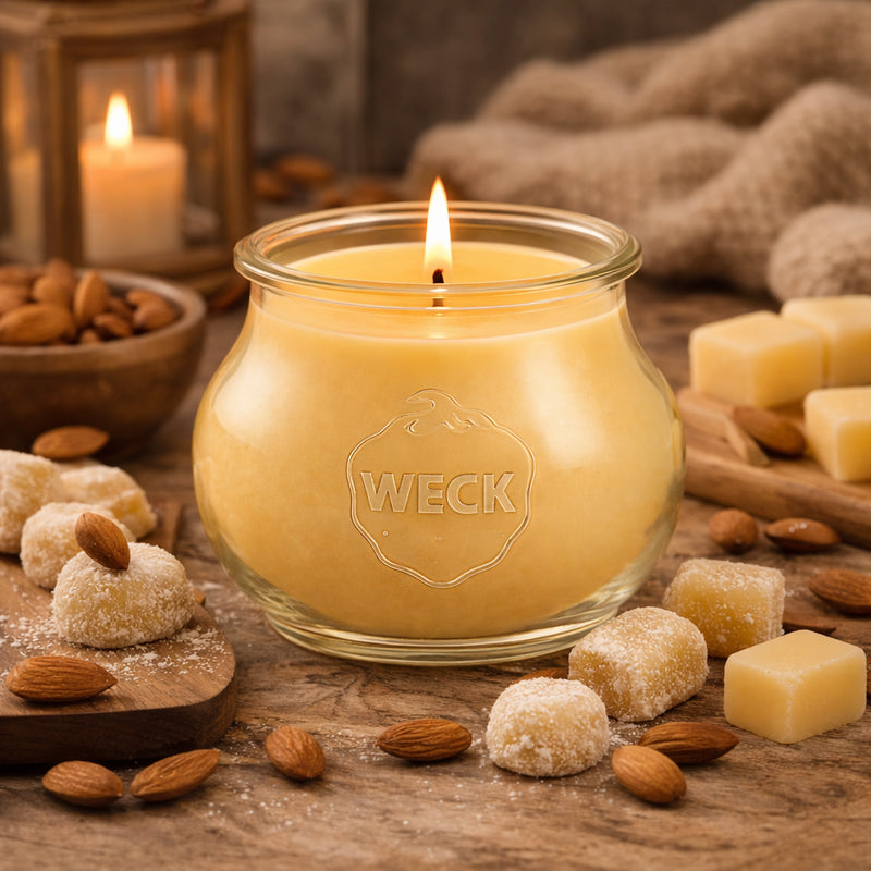 Stimmungsvolles Lifestyle-Bild der Marzimandel-Duftkerze im WECK-Glas mit cremegelbem Wachs und brennendem Docht, umgeben von Mandeln und Marzipankonfekt auf rustikalem Holz – warm und einladend inszeniert