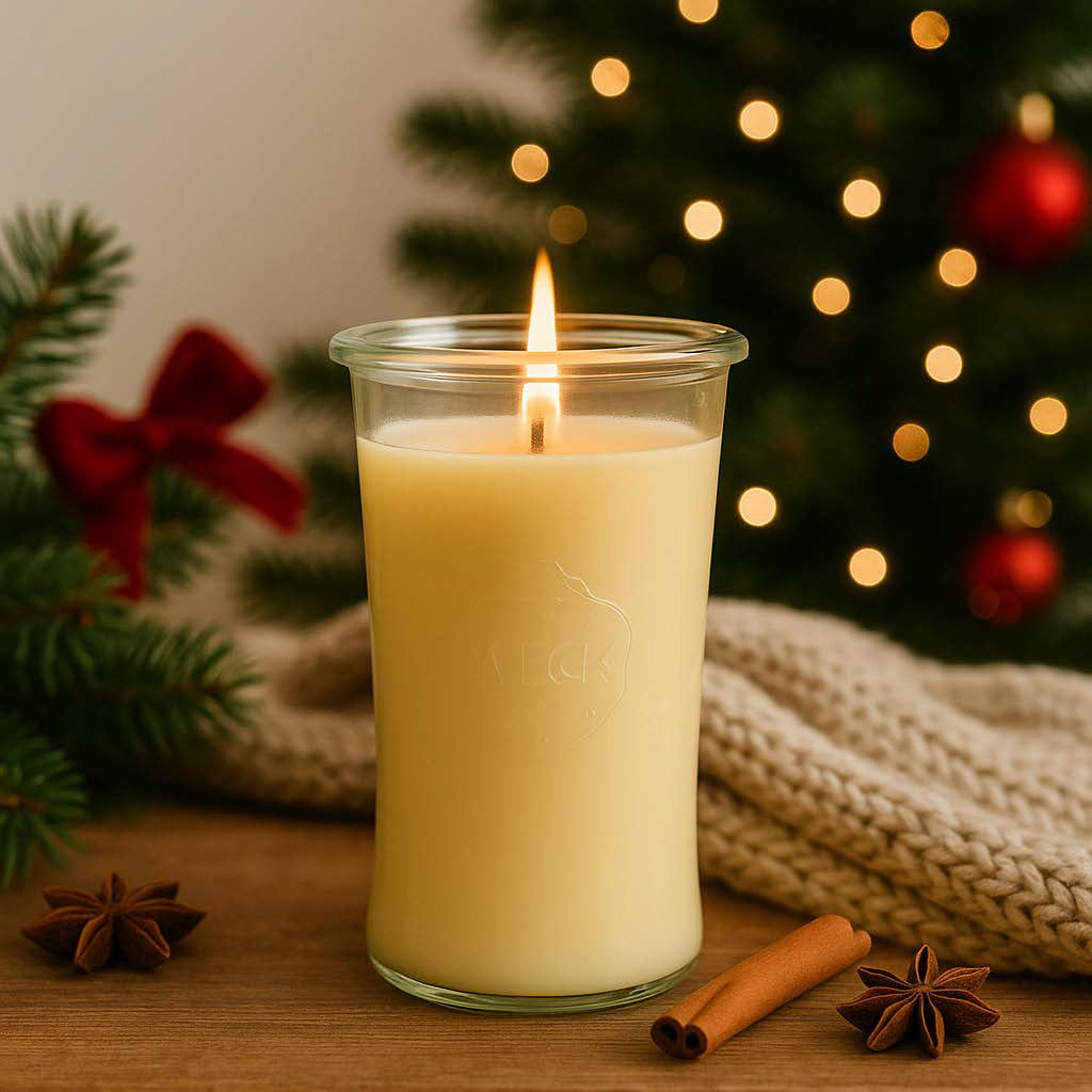 Brennende Duftkerze Marzimandel im hohen WECK-Glas mit cremegelbem Wachs, dekoriert mit Zimtstange, Sternanis, Tannenzweigen und Weihnachtsbaum im Hintergrund.