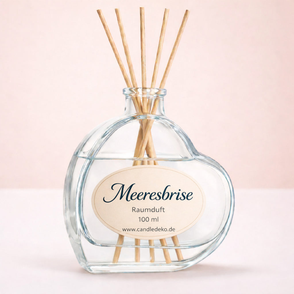 Raumduft Meeresbrise von CandleDeko mit Duftstäbchen im Glasflakon – frischer maritimer Raumduft 100 ml.