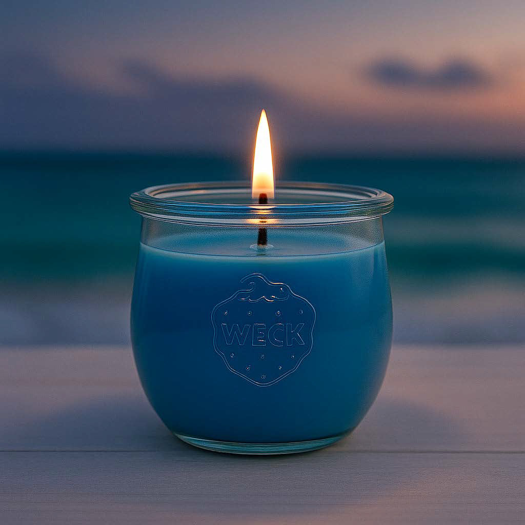 Große blaue Duftkerze im WECK-Glas aus Sojawachs, Sorte Meeresbrise, vor neutralem Hintergrund.