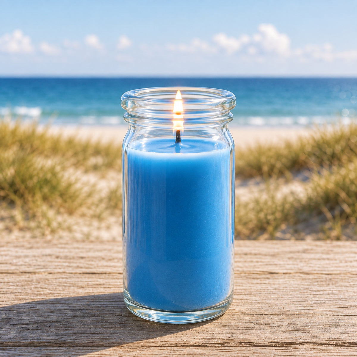 Meeresbrise kleine Duftkerze aus Kokoswachs im WECK-Glas von CandleDeko mit Blick auf Strand und Meer.