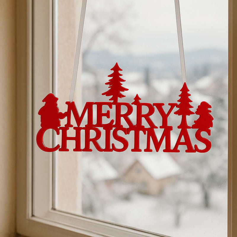 Roter Schriftzug Merry Christmas aus Resin mit Tannenbäumen, Santa und Rentier, festliche Weihnachtsdekoration zum Aufhängen
