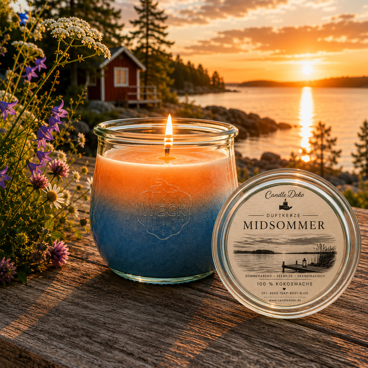 Midsommer große Duftkerze aus Kokoswachs im originalen WECK-Glas von CandleDeko, auf einem Holztisch am skandinavischen See zur Mitternachtssonne.