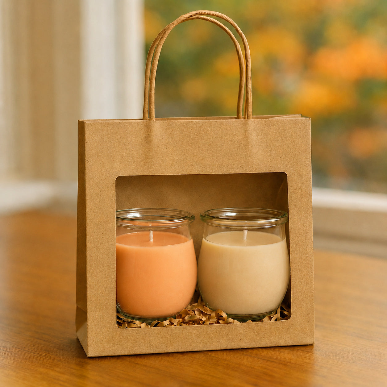 Geschenkset Karibikmomente von CandleDeko mit pfirsichfarbener und cremefarbener Mini-Duftkerze in Kraftpapier-Geschenktüte mit Sichtfenster