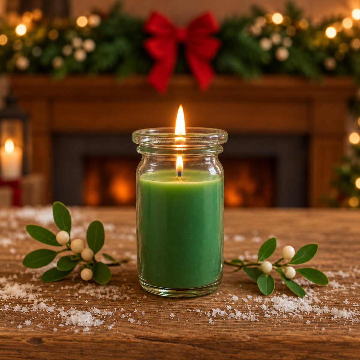 Mistelzweig kleine Duftkerze aus Kokoswachs im WECK-Tulpenglas von CandleDeko, auf Holztisch neben Mistelzweigen vor Kaminsims.