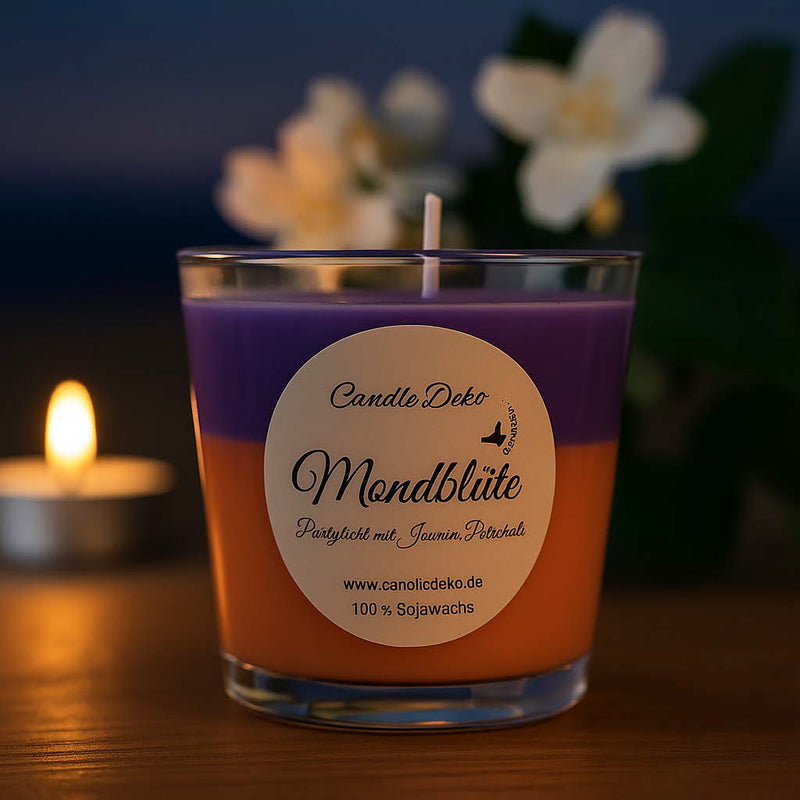 Duftkerze im Glas mit zwei klar getrennten Farbschichten: oben violett, unten apricot. Etikett mit dem Namen "Mondblüte – Partylicht mit Jasmin-Patschuli".