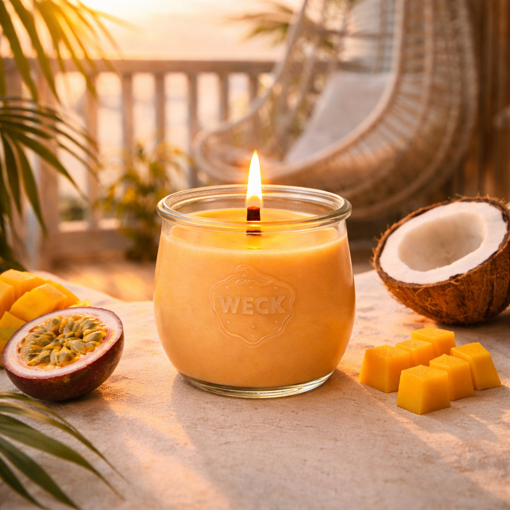 Mango-Passionsfrucht-Duftkerze im WECK-Glas auf sonnigem Balkon, umgeben von Kokosnuss, Mango und Passionsfrucht in tropischer Abendstimmung