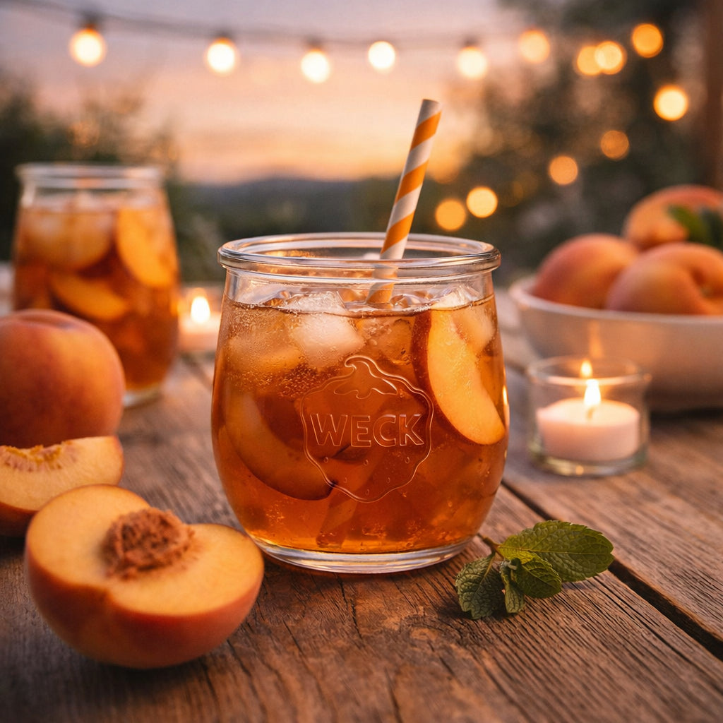 Pfirsich-Eistee im WECK-Glas mit Eiswürfeln, frischen Pfirsichscheiben und Papierstrohhalm – auf Holztisch im Abendlicht, mit Lichterkette, Kerze und Schale voller Pfirsiche – sommerlich, entspannt und einladend.