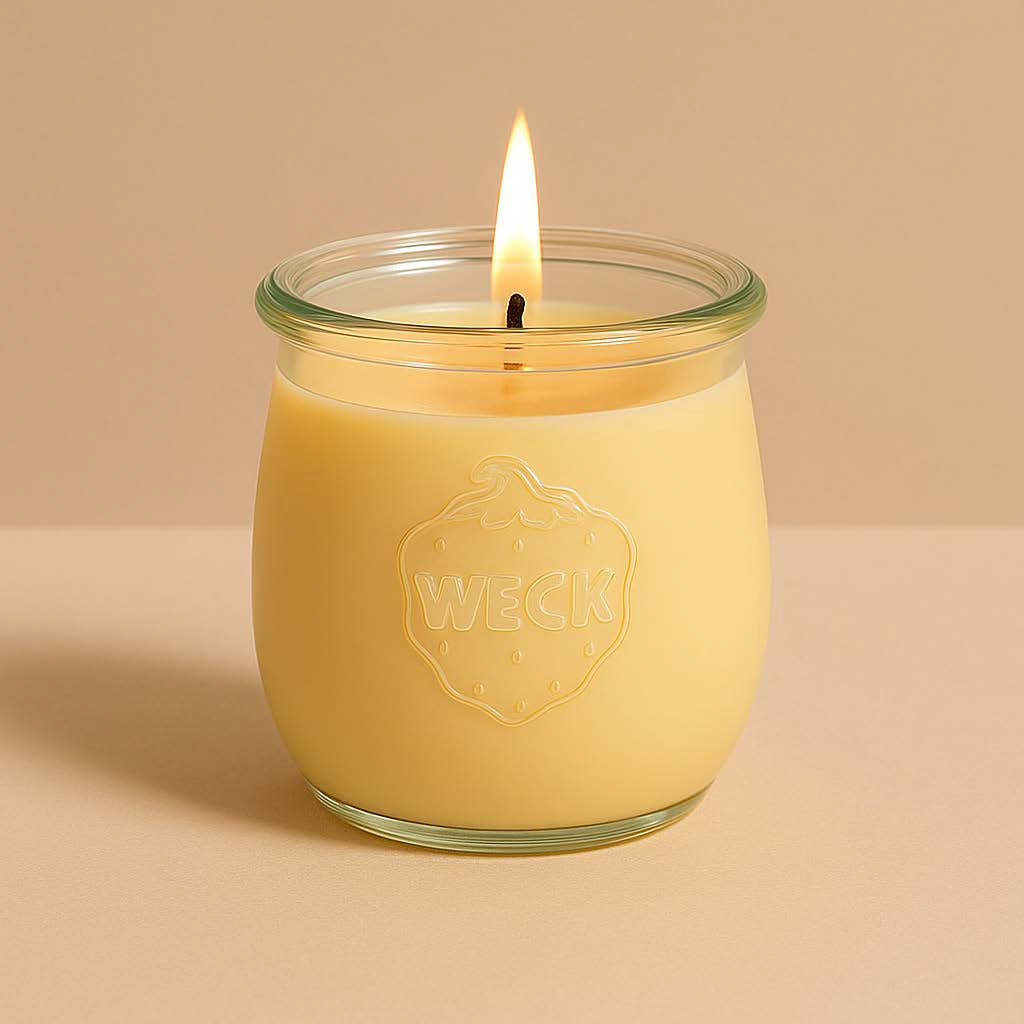 Duftkerze Pomelozauber im WECK-Glas mit Baumwoll-Docht, brennend vor beigem Hintergrund. Warmes, fruchtig-goldenes Wachs im klassischen Glas ohne Etikett.