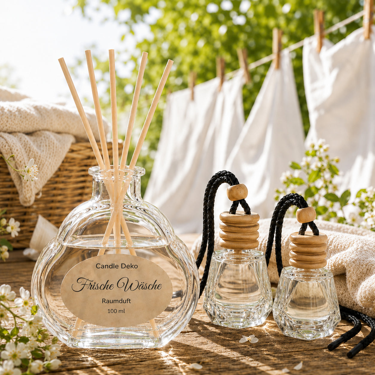 Frische Wäsche Auto- & Raumduft von CandleDeko mit schwarzem Raumduftstäbchen und zwei Autodüften auf hellem Holztisch vor luftgetrockneter Wäsche im Sonnenlicht