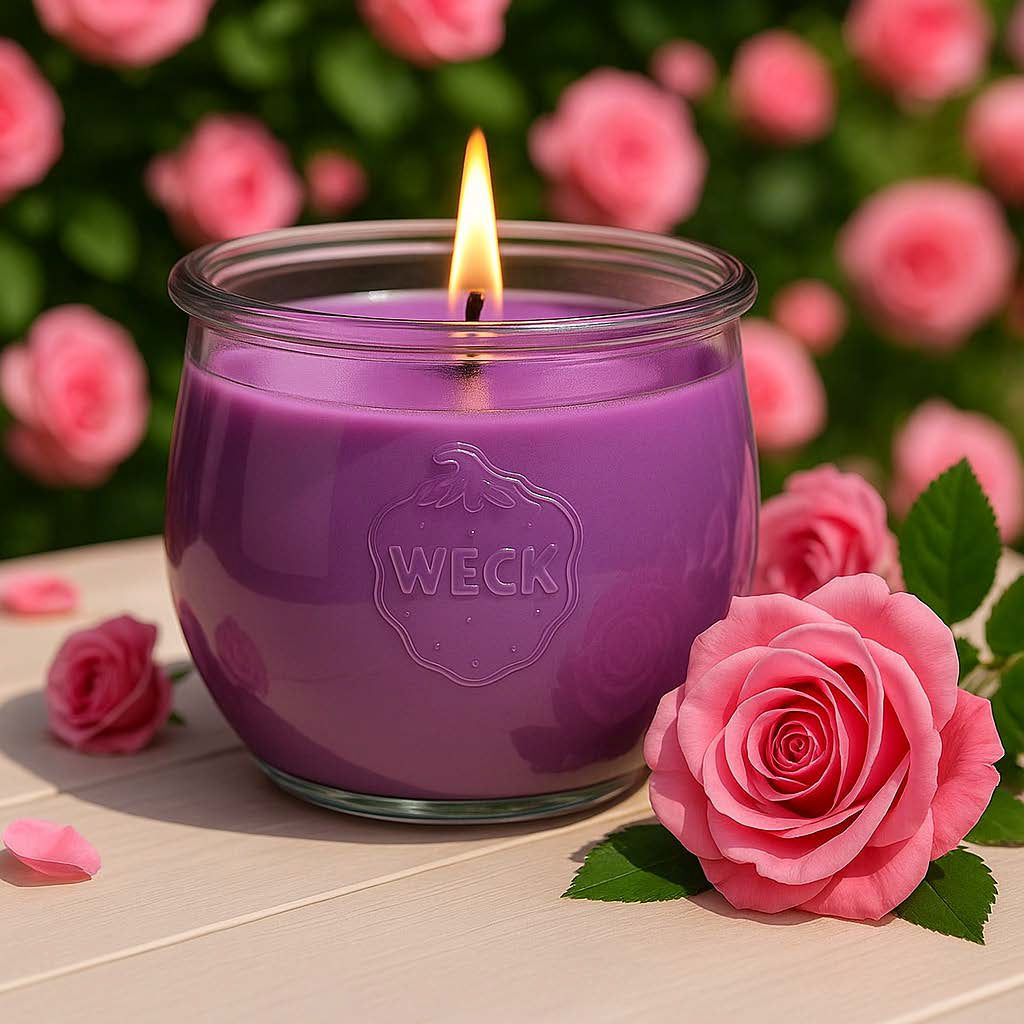 Große Rosenduftkerze im bauchigen WECK-Schmuckglas, brennend auf einem Holztisch mit Rosenblüten in sommerlicher Umgebung. Romantisches Lifestyle-Foto von CandleDeko mit emotionaler Stimmung und natürlichem Licht.