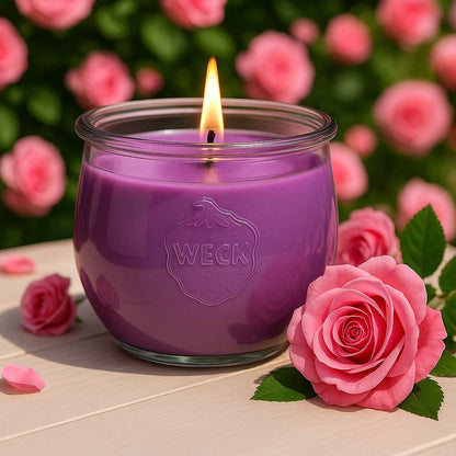 Große Rosenduftkerze im bauchigen WECK-Schmuckglas, brennend auf einem Holztisch mit Rosenblüten in sommerlicher Umgebung. Romantisches Lifestyle-Foto von CandleDeko mit emotionaler Stimmung und natürlichem Licht.