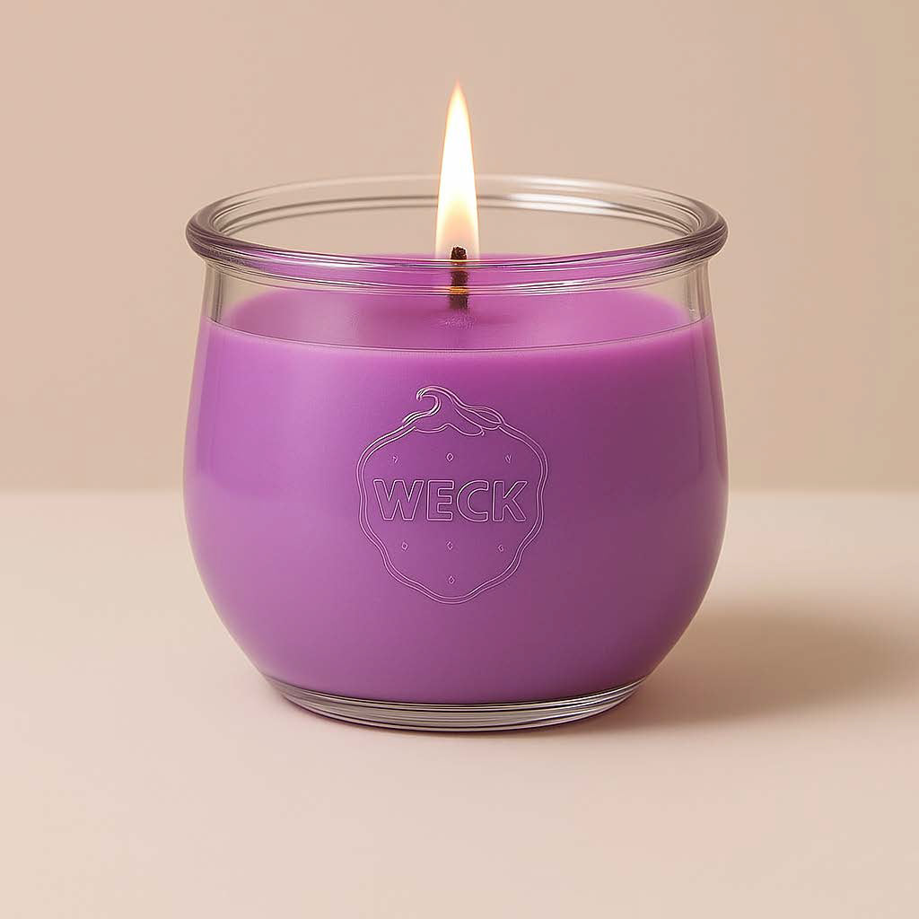 Brennende Duftkerze im großen WECK-Schmuckglas mit rosé-violettem Wachs auf hellem Hintergrund. Handgegossene Rosenduft-Kerze von CandleDeko mit Holzdocht und 1062 ml Wachs – stilvoll, natürlich und hochwertig.
