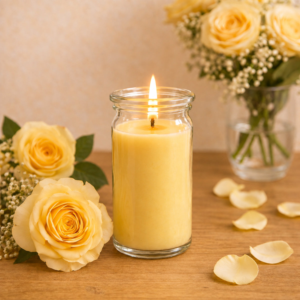 Rose kleine Duftkerze aus Kokoswachs im WECK-Tulpenglas von CandleDeko, neben frischen Rosenblüten.