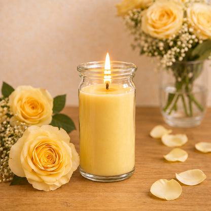 Rose kleine Duftkerze aus Kokoswachs im WECK-Tulpenglas von CandleDeko, neben frischen Rosenblüten.