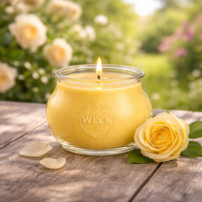 Rosen-Duftkerze im WECK-Glas mit zartem, lavendelfarbenem Wachs, brennend auf rustikalem Holztisch, umgeben von rosa Rosen, Blütenblättern und feinen Schmuckdetails – romantisches, liebevoll inszeniertes Setting