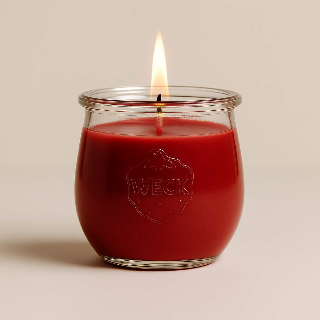 Rote große Duftkerze aus Kokoswachs im originalen WECK-Glas von CandleDeko, vor neutralem Hintergrund.